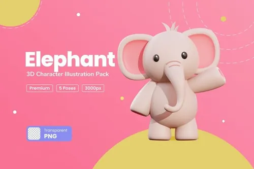 三维可爱小象卡通形象插画素材 Elephant 3D Cha