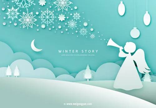 冬季剪纸贴画风格PSD海报Paper-Cut in winter