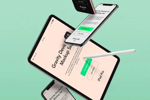 一组漂浮的UI设备样机 Gravity Psd Devices UI Mockup Set v7