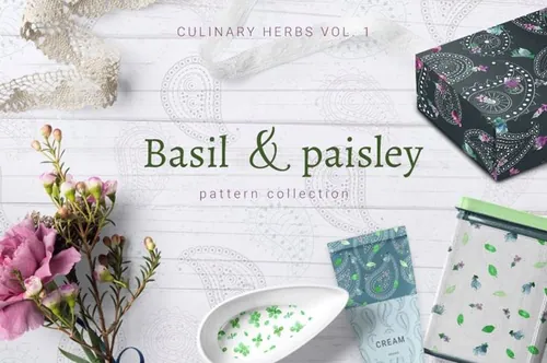 现代手绘草本植物花卉无缝图案素材 Basil  paisle