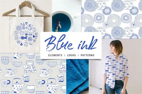 蓝色模式绘制的青瓷装饰画背景纹理Blue ink collection