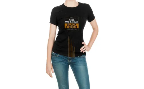 女性T恤模型PSD贴图模板Girl Wearing Black T-Shirt Mock-up Psd