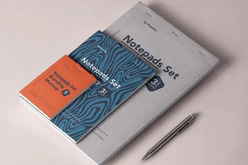精美的三头装订psd记事本样机 Notepad Set Branding Mockup