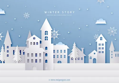 冬季剪纸贴画风格PSD海报Paper-Cut in winter