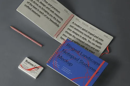 一个螺旋环形的风景记事本样机和名片样机  Psd Ringed Landscape Notepad Mockup
