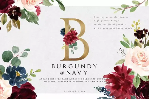 极力推荐：水彩花卉素材 BurgundyNavy Flora