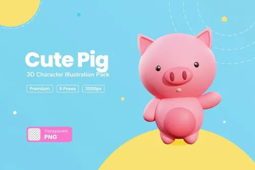 三维可爱小猪卡通形象插画素材 Cute Pig 3D Cha