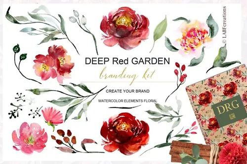 手绘水彩花卉植物设计素材 Deep red garden.
