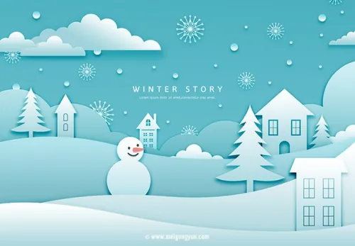冬季剪纸贴画风格PSD海报Paper-Cut in winter