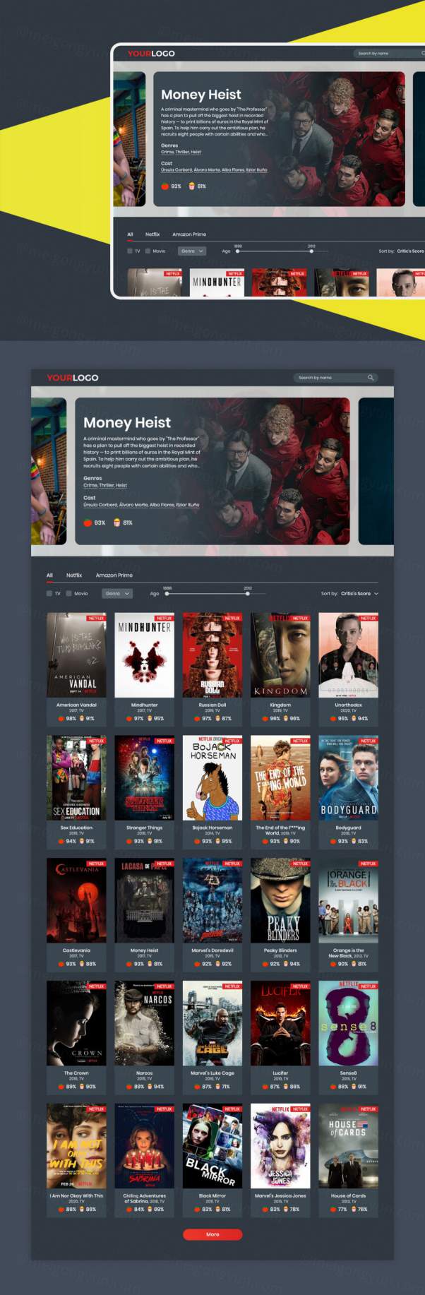 瀑布流式电影网站列表页Web UI界面设计素材 Streaming S