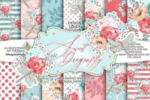 甜蜜蜻蜓水彩数码纸图案背景素材 Sweet dragonfly digital paper pack
