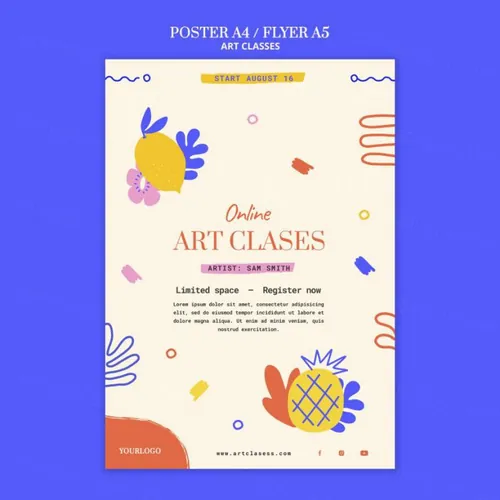 儿童稚嫩可爱手绘涂鸦几何艺术课堂培训班方形A4宣传单设计PSD模板素材