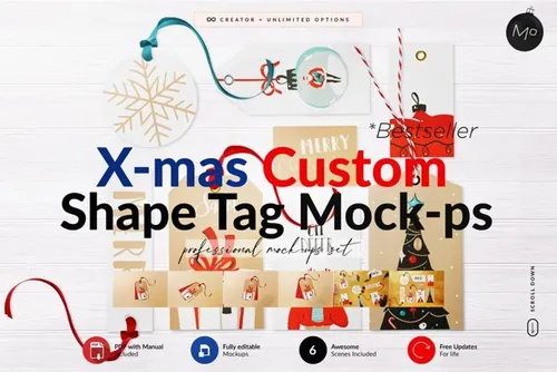 圣诞节标签装饰设计元素场景样机模板 Xmas ALL Shape Tag Creator Mock-ups