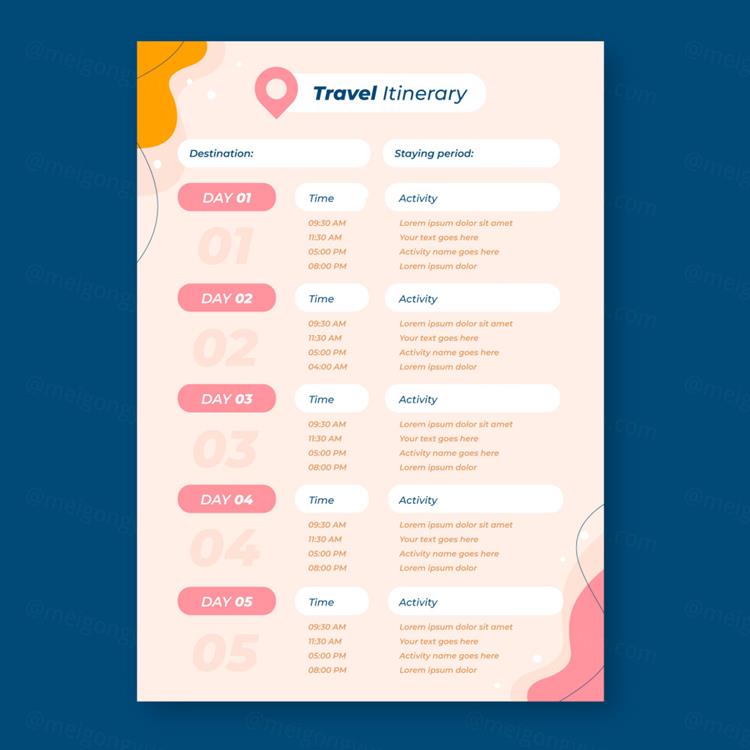 漂亮的粉色女性旅行假期规划开学周计划日程表EPS矢量设计模板