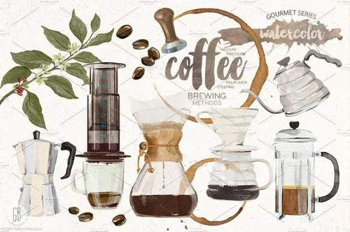 水彩咖啡元素插画 Watercolor coffee brewing methods