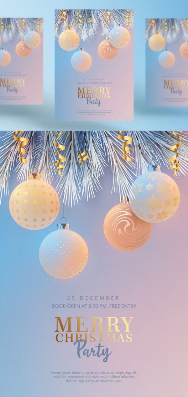 淡蓝色精美圣诞节主题新年海报EPS矢量模板素材