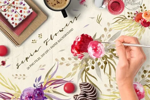 手绘花卉素材插画 Sepia Flowers