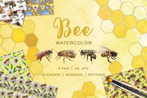 蜜蜂采集花蜜水彩元素剪贴画Bee Watercolor pn