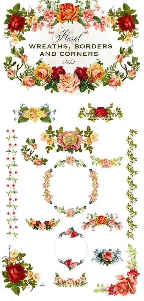 水彩花卉素材插画 Floral Wreaths Borders  Corners