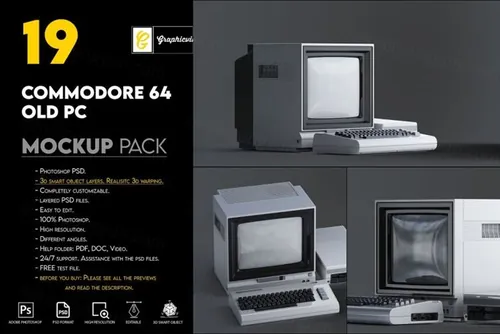 三维渲染复古老物件旧电脑CRT显示器展示样机PSD模板 Commodore 64 Old pc Mockup
