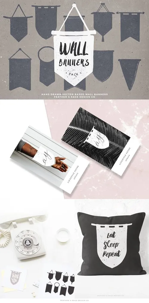 复古手绘旗帜元素 Wall Banners Hand Dra
