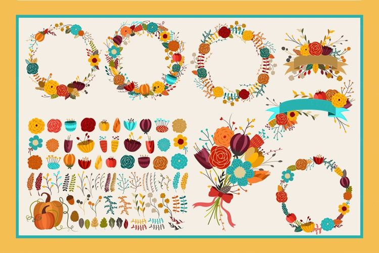 秋天花卉花环矢量包 Fall Floral 86 pc Ve