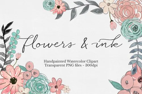 墨水花卉插画 Watercolor  Ink Floral Clipart Set