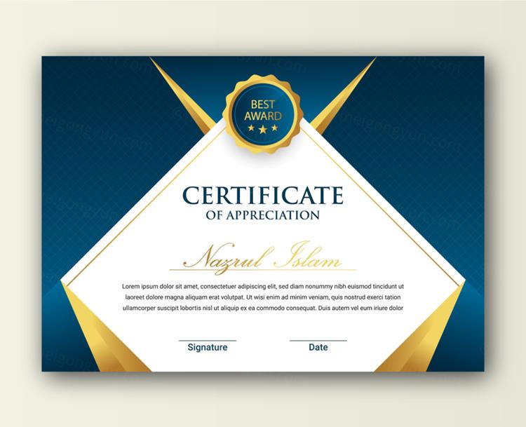 高质量现代奢华金色学校毕业证书企业组织荣誉证书设计EPS矢量