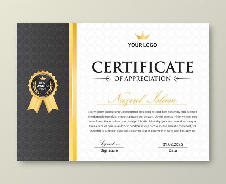 高质量现代奢华金色学校毕业证书企业组织荣誉证书设计EPS矢量