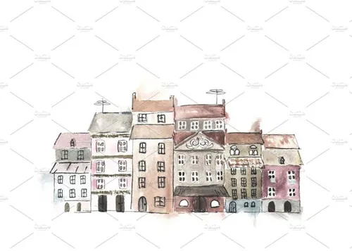 手绘水彩老式房屋建筑设计素材Old town painted with watercolor