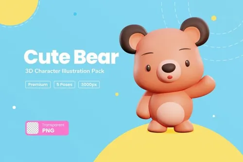 三维可爱小熊卡通形象插画素材 Cute Bear 3D Ch