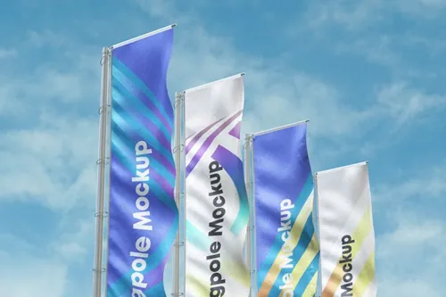 一组高质量的户外psd旗杆样机 Psd Flagpole Advertising Mockup
