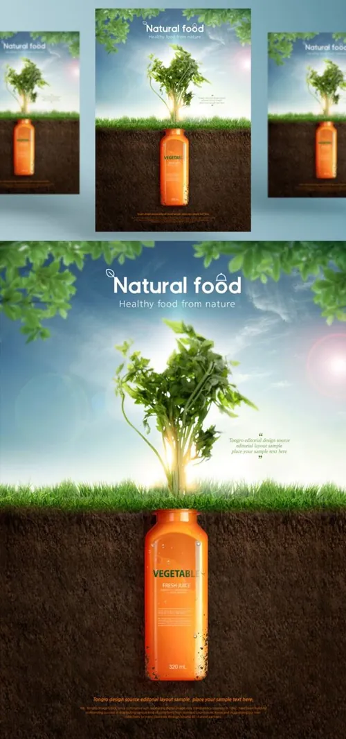 “大自然的馈赠”农场天然胡萝卜蔬菜汁有机饮料包装宣传海报广告设计PSD模板