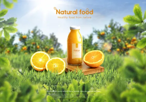 “大自然的馈赠”农场天然橘子橙汁有机饮料包装宣传海报广告设计PSD模板