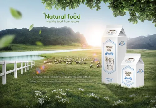 “大自然的馈赠”牧场天然牛奶有机饮料包装宣传海报广告设计PSD模板