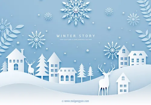 冬季剪纸贴画风格PSD海报Paper-Cut in winter