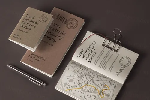一组优雅的旅行者psd笔记本样机 Psd Travel Notebook Stationery Mockup 3