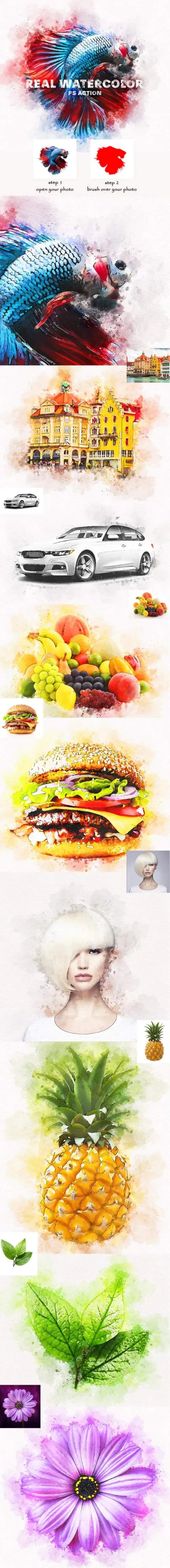 水彩绘画艺术照片处理效果ps动作Real Watercolor Photoshop Action