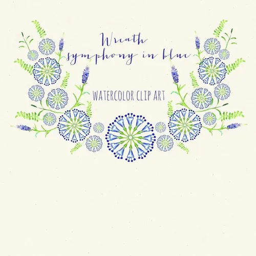 蓝色花卉素材插画 Wreath symphony in blue watercolor
