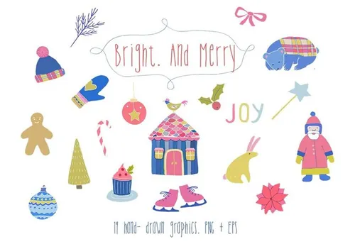 明亮的圣诞节元素插画 Bright and merry christmas clipart