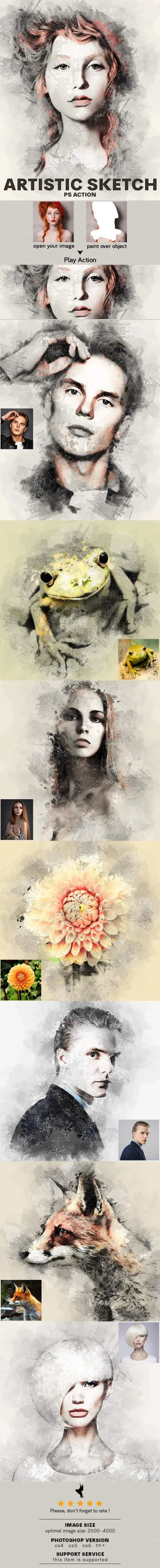 水彩艺术绘画素描照片处理效果ps动作Artistic Sketch