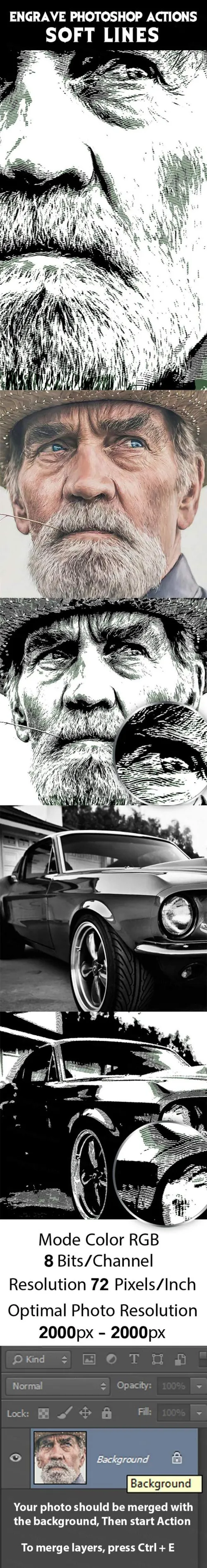 经典雕刻半色调照片艺术效果ps动作Engrave Photoshop