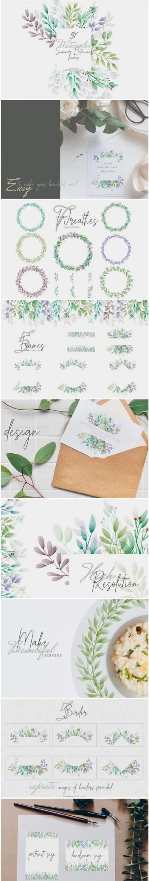 夏天水彩植物叶子剪贴画合集 Watercolor Summer Botanical Leaves