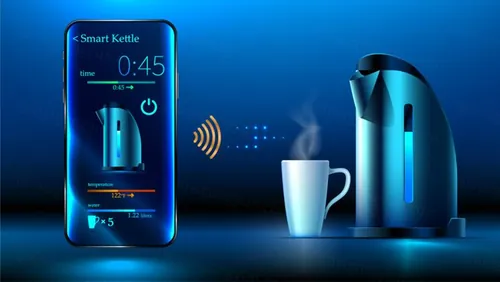 智能手机控制热水壶家居Wi-Fi无线控制IOT物联网家庭智能设备概念宣传矢量插画素材