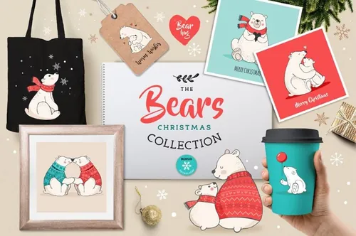 北极熊圣诞插画 Polar Bears , Christma