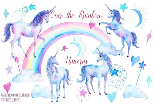 梦幻水彩独角兽插画 Pink and Purple Unic
