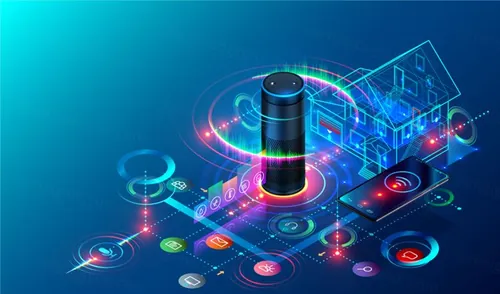 智能音响 语音助理智能家居Wi-Fi无线控制IOT物联网家庭概念宣传矢量插画素材