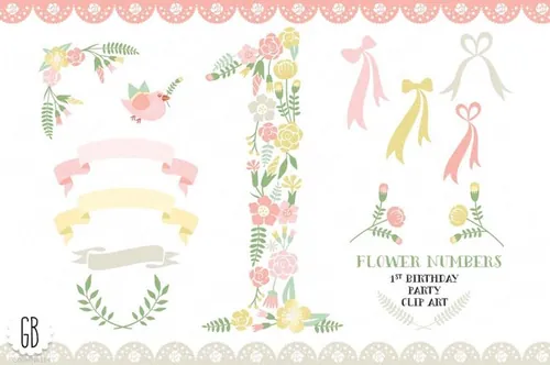 花卉矢量图形插画 Floral number , 1st birthday party