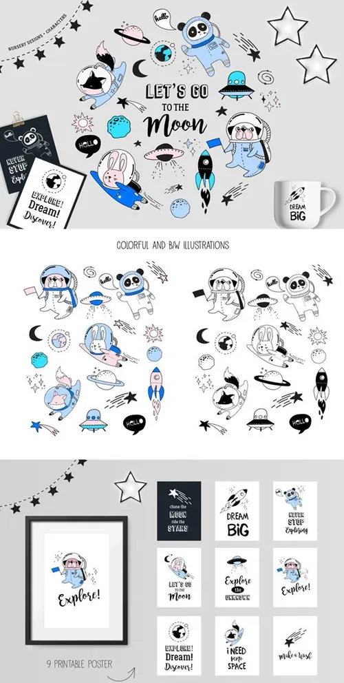 可爱的卡通动物宇航员插画素材 Space animals c
