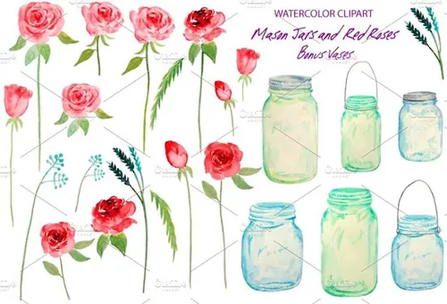水彩罐子花卉插画 Watercolor Mason Jars